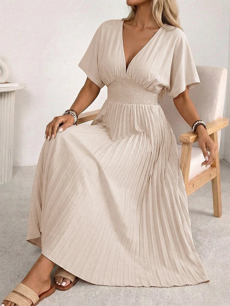 Robe longue plissée femme col V