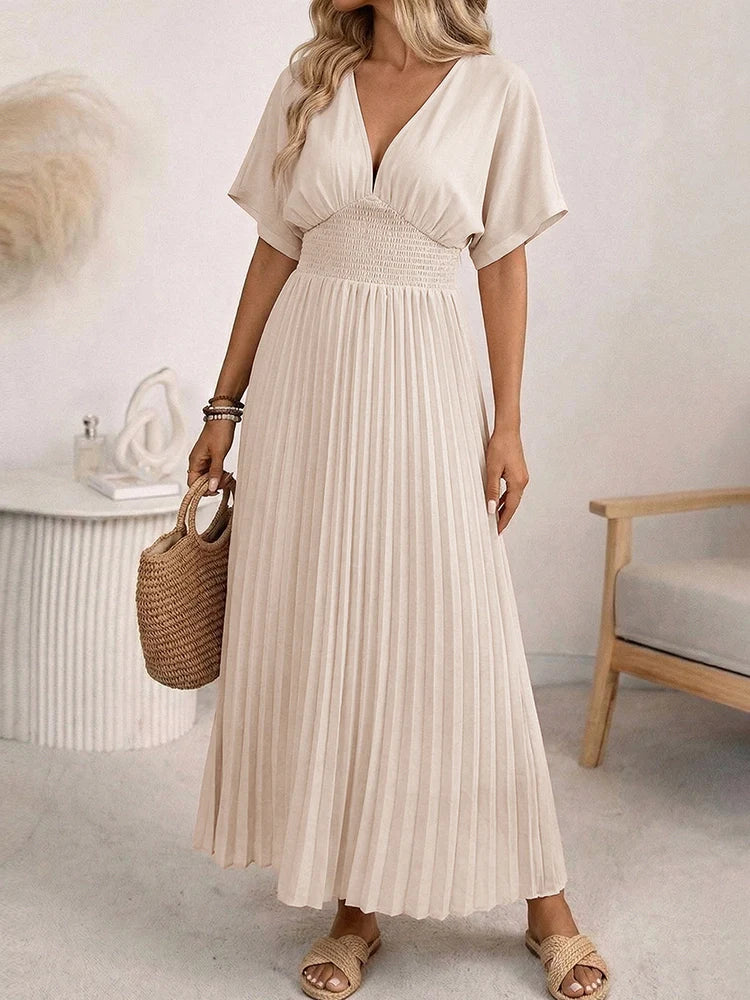 Robe longue plissée femme col V