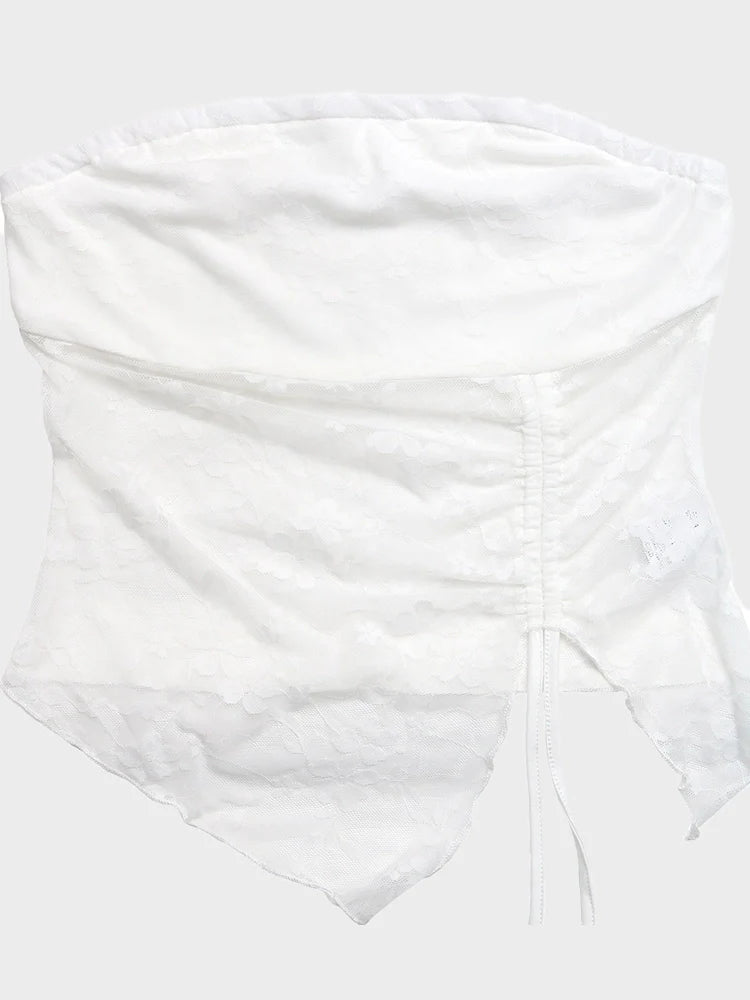 Top bandeau dos nu froncé à bordure dentelle fleurie