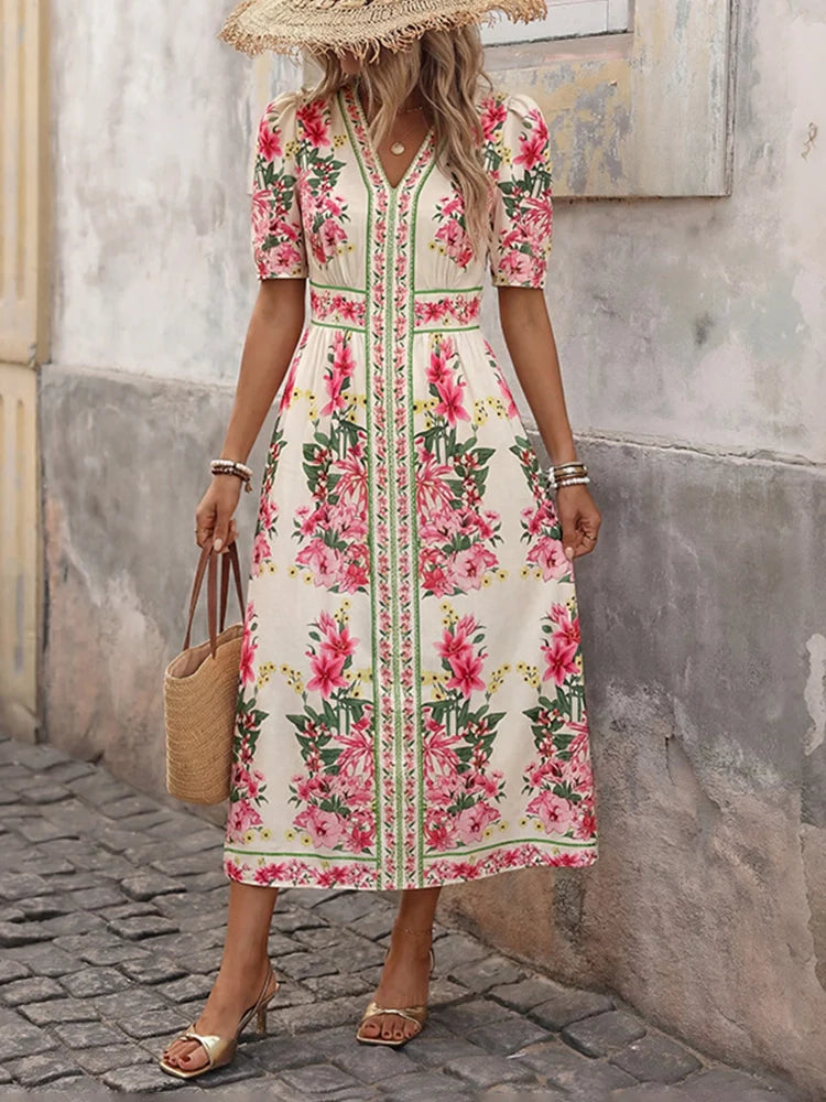 Robe midi bohème fleurie col V