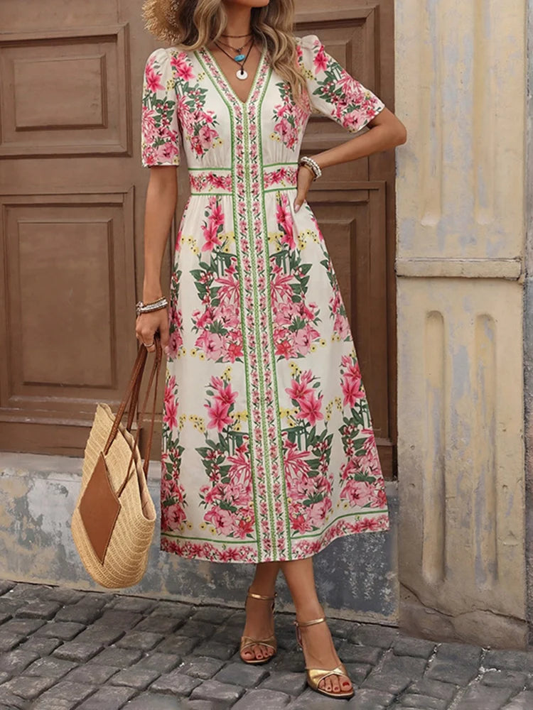 Robe midi bohème fleurie col V