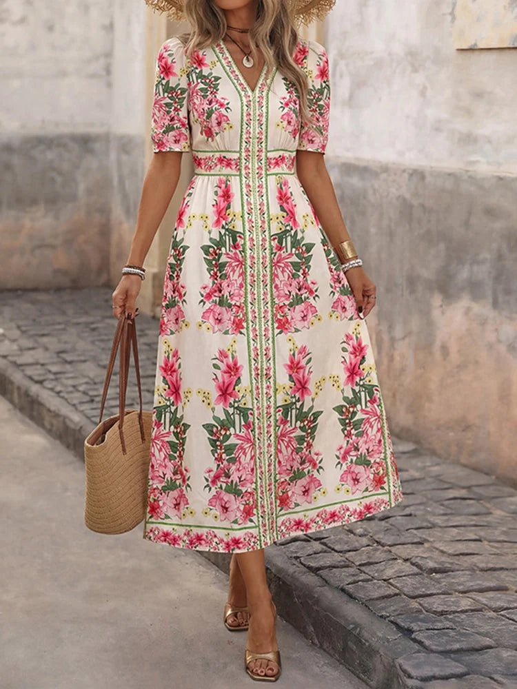 Robe midi bohème fleurie col V