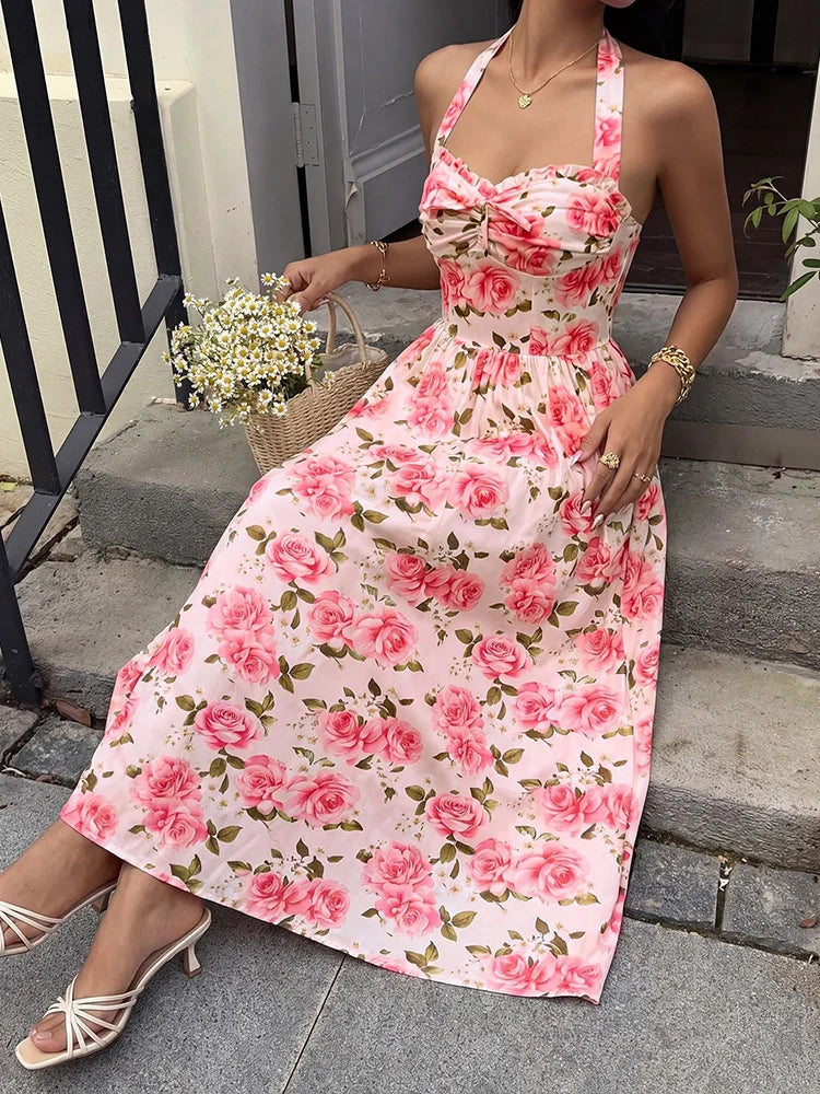 Robe midi fleurie à col licou
