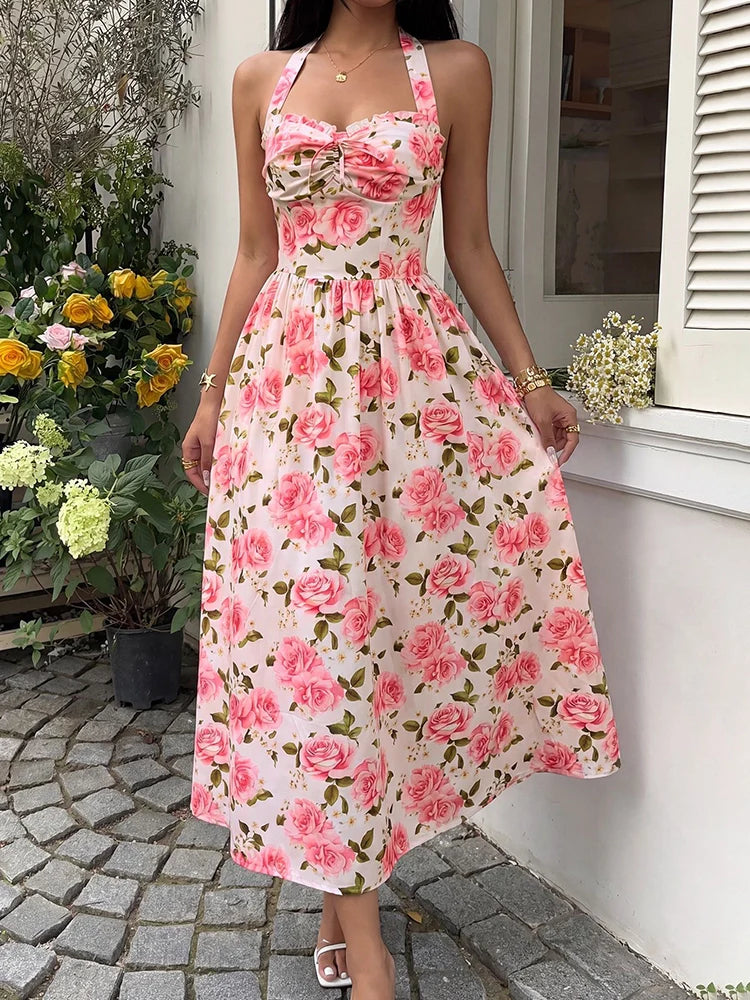 Robe midi fleurie à col licou