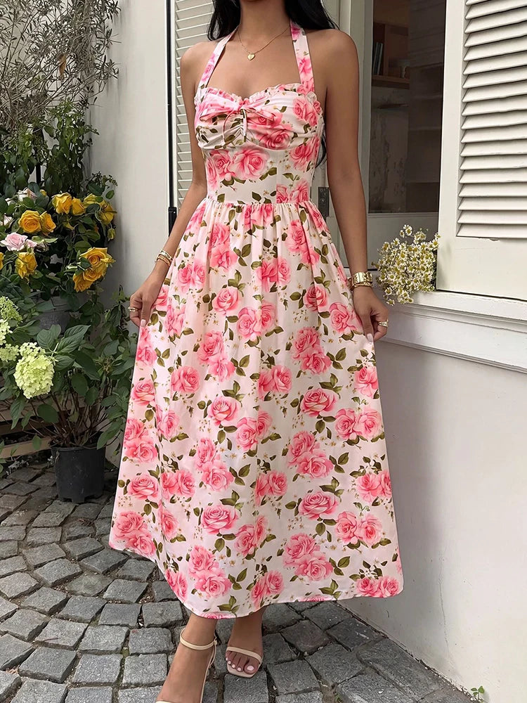 Robe midi fleurie à col licou