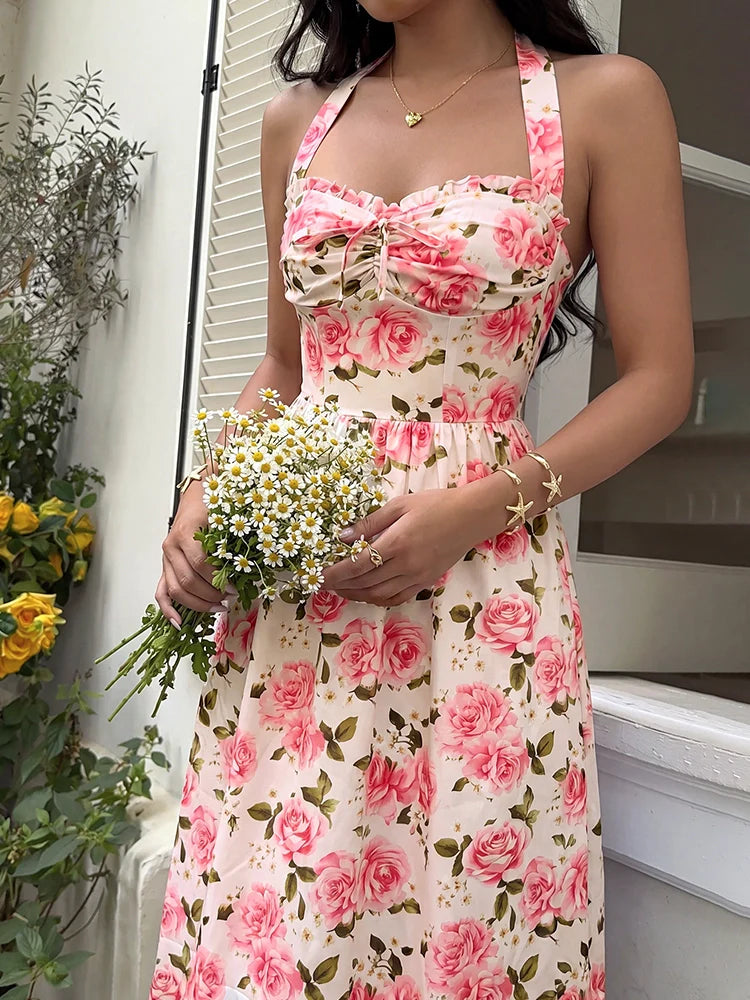 Robe midi fleurie à col licou