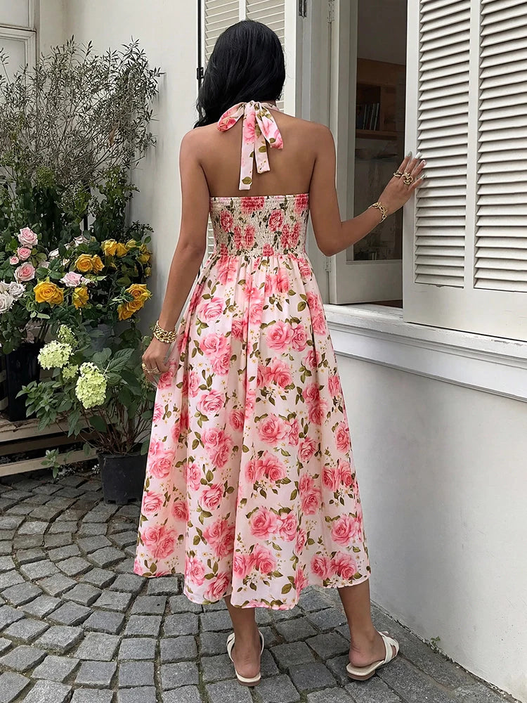 Robe midi fleurie à col licou