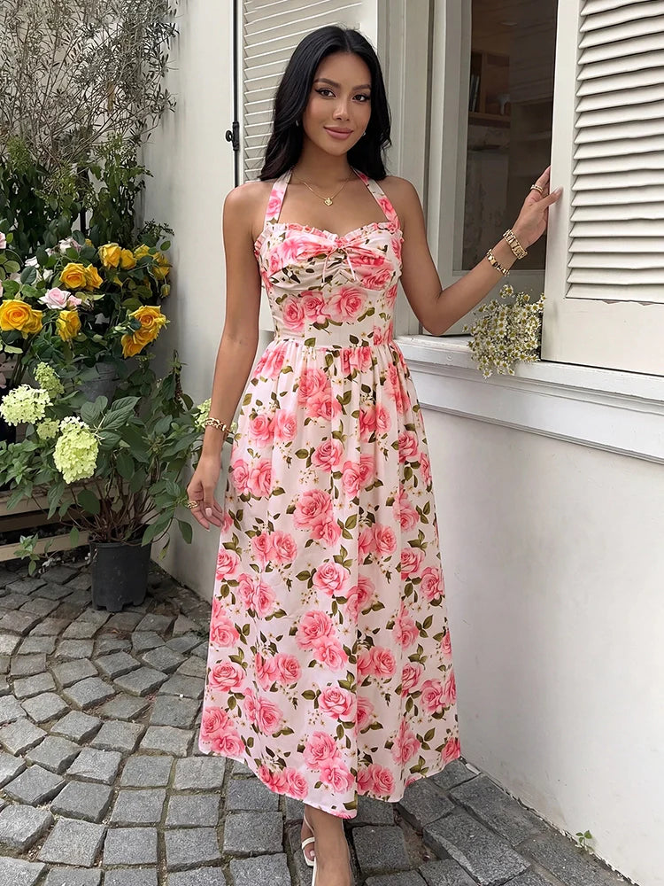 Robe midi fleurie à col licou