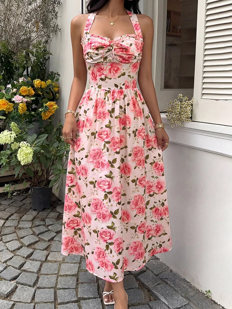 Robe midi fleurie à col licou