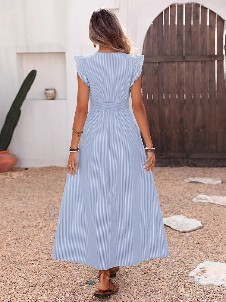 Robe chemise longue à petites manches volantées