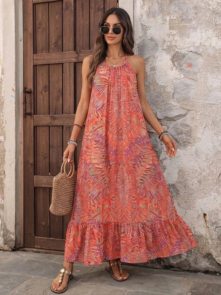 Robe longue dos nu col licou imprimé bohème