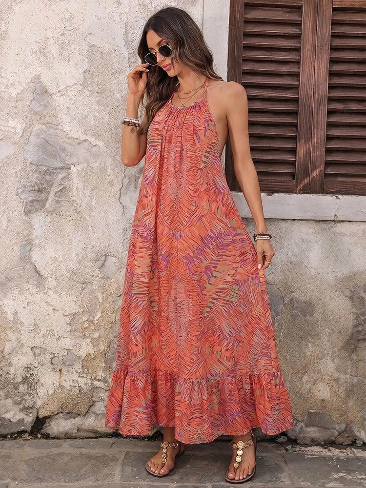 Robe longue dos nu col licou imprimé bohème