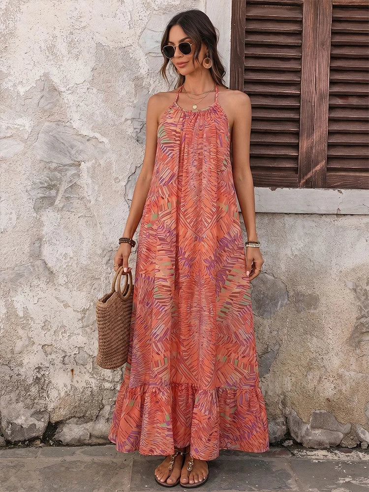 Robe longue dos nu col licou imprimé bohème