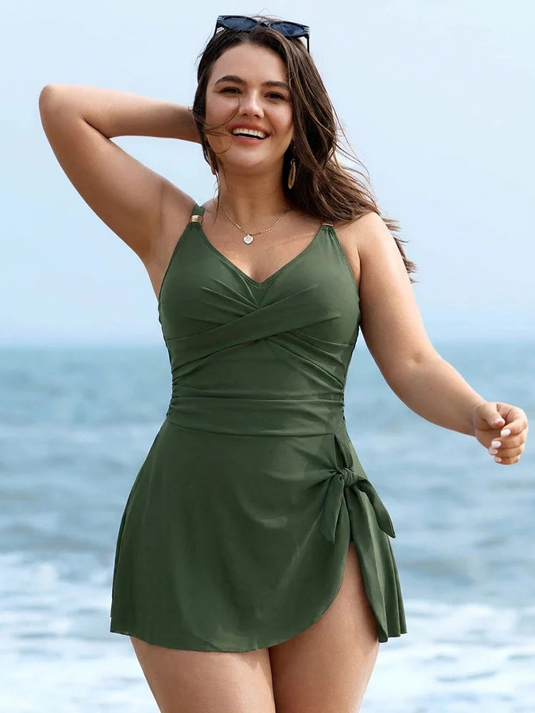 Maillot de bain robe une pièce femme – Effet ventre plat, drapé croisé devant