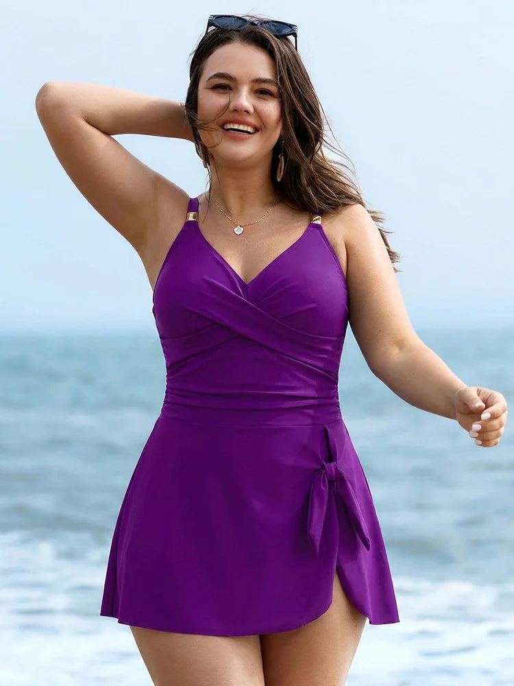 Maillot de bain robe une pièce femme – Effet ventre plat, drapé croisé devant
