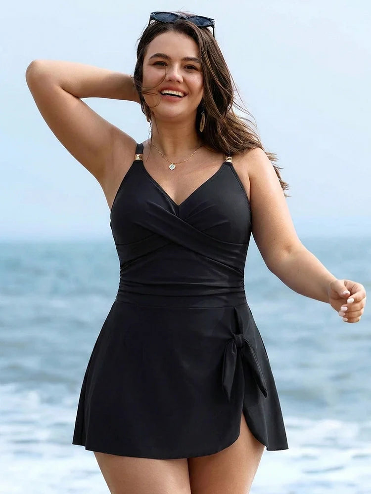 Maillot de bain robe une pièce femme – Effet ventre plat, drapé croisé devant