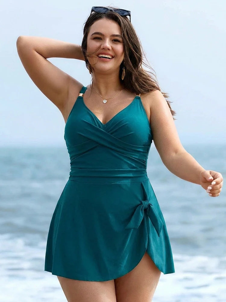 Maillot de bain robe une pièce femme – Effet ventre plat, drapé croisé devant
