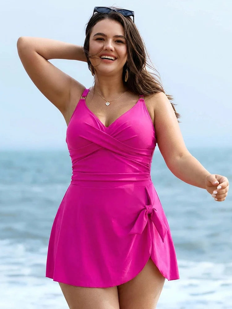Maillot de bain robe une pièce femme – Effet ventre plat, drapé croisé devant