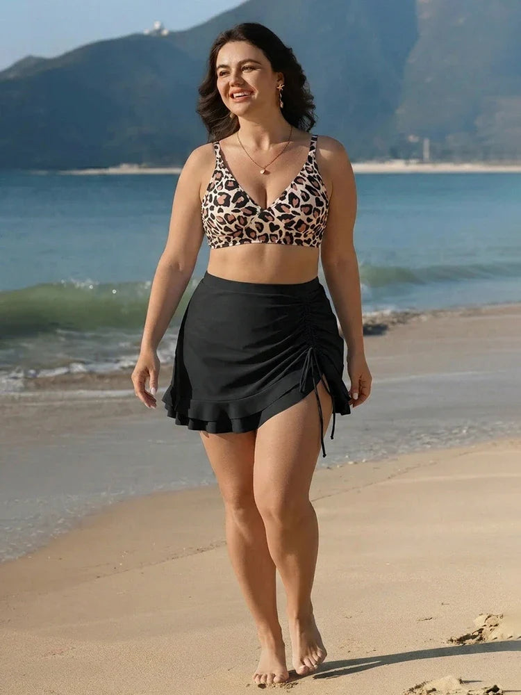 Bikini taille haute effet ventre plat avec jupe de bain