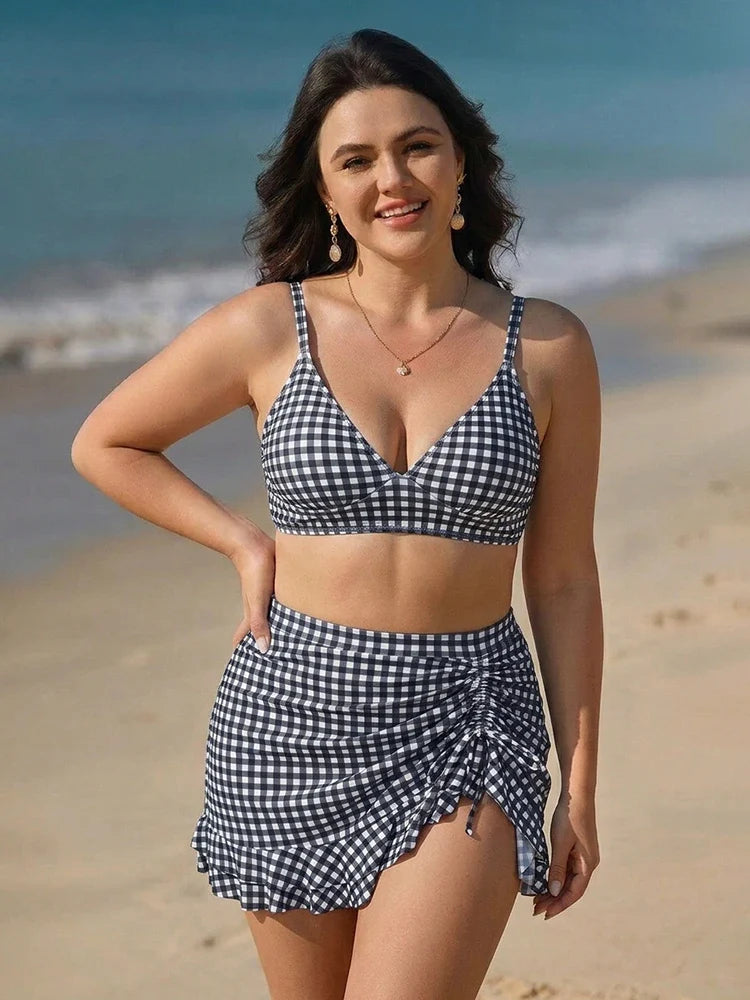 Bikini taille haute effet ventre plat avec jupe de bain