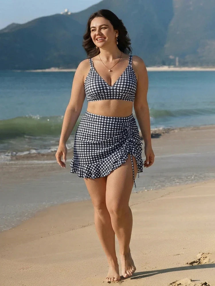 Bikini taille haute effet ventre plat avec jupe de bain