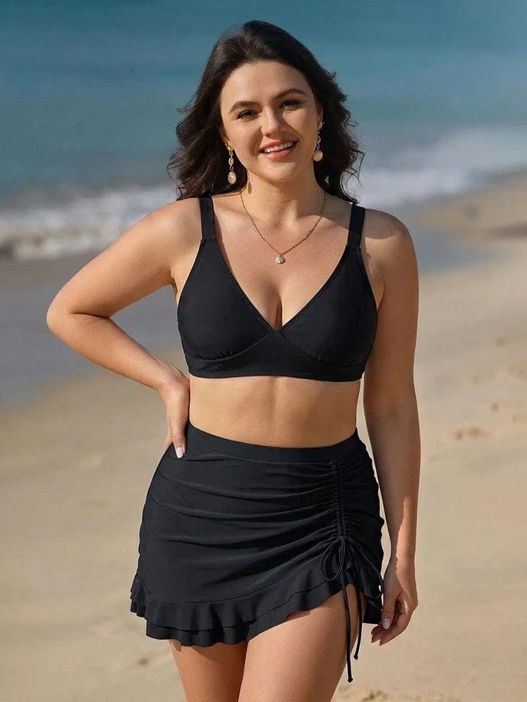 Bikini taille haute effet ventre plat avec jupe de bain