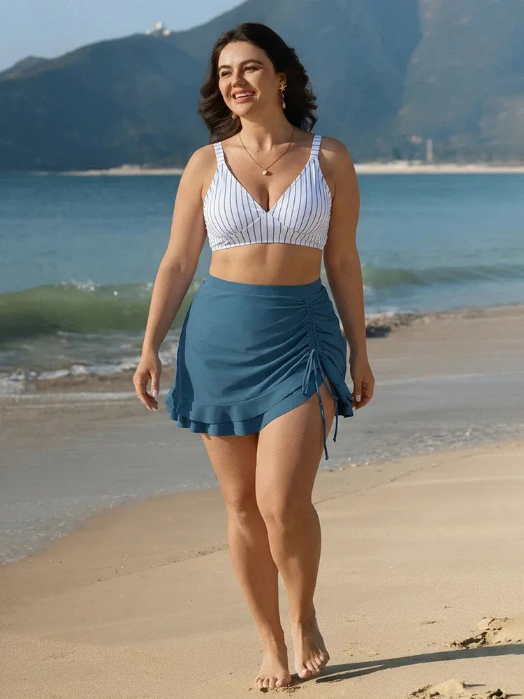 Bikini taille haute effet ventre plat avec jupe de bain