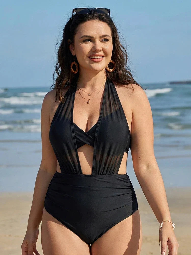Bikini gainant torsadé avec voile en mesh