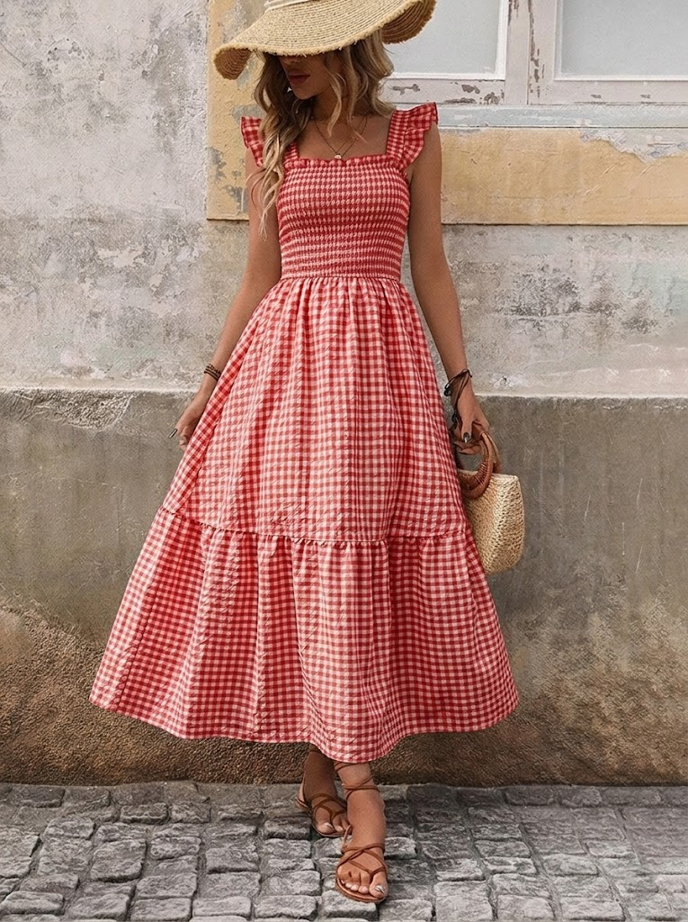 Robe longue rétro à carreaux smockée avec poches