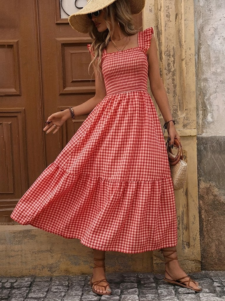 Robe longue rétro à carreaux smockée avec poches