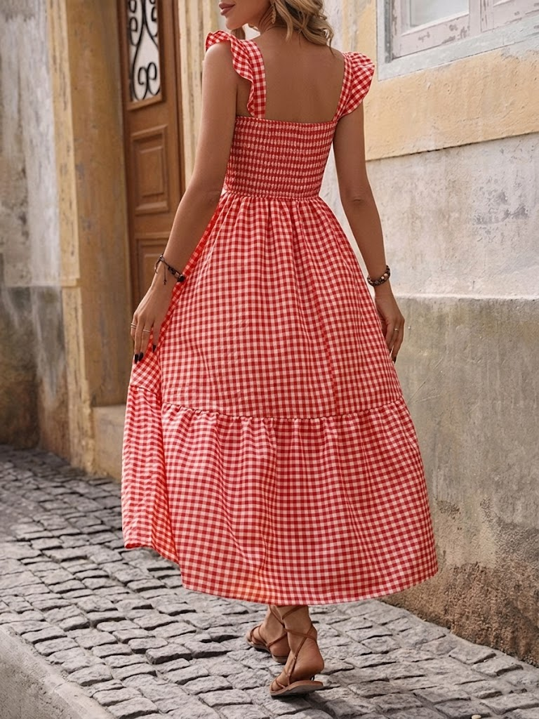Robe longue rétro à carreaux smockée avec poches
