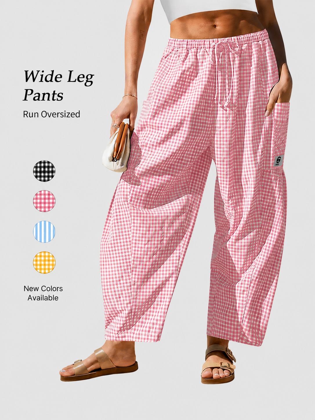 Pantalon large femme à carreaux vichy, coupe ample
