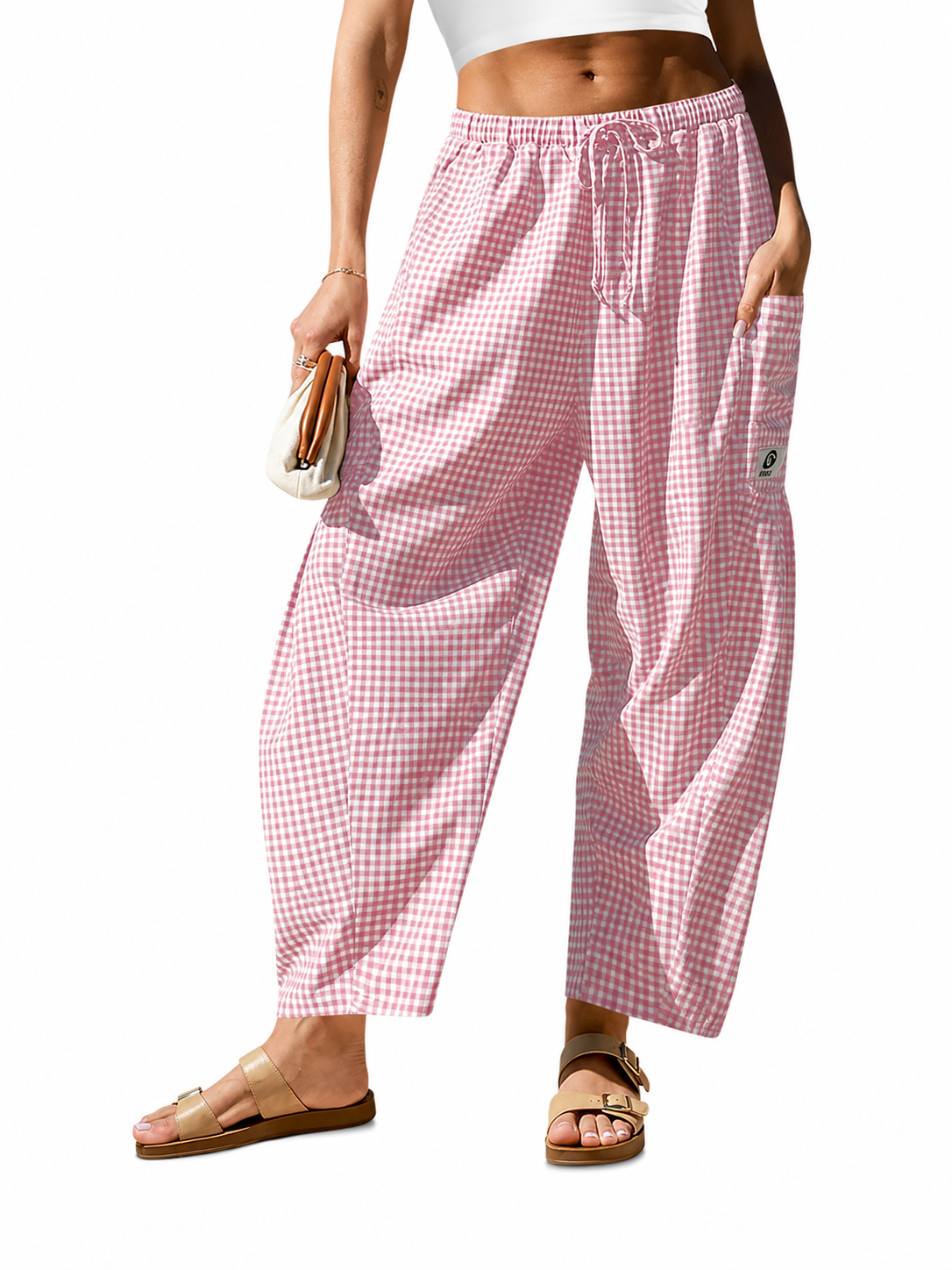 Pantalon large femme à carreaux vichy, coupe ample