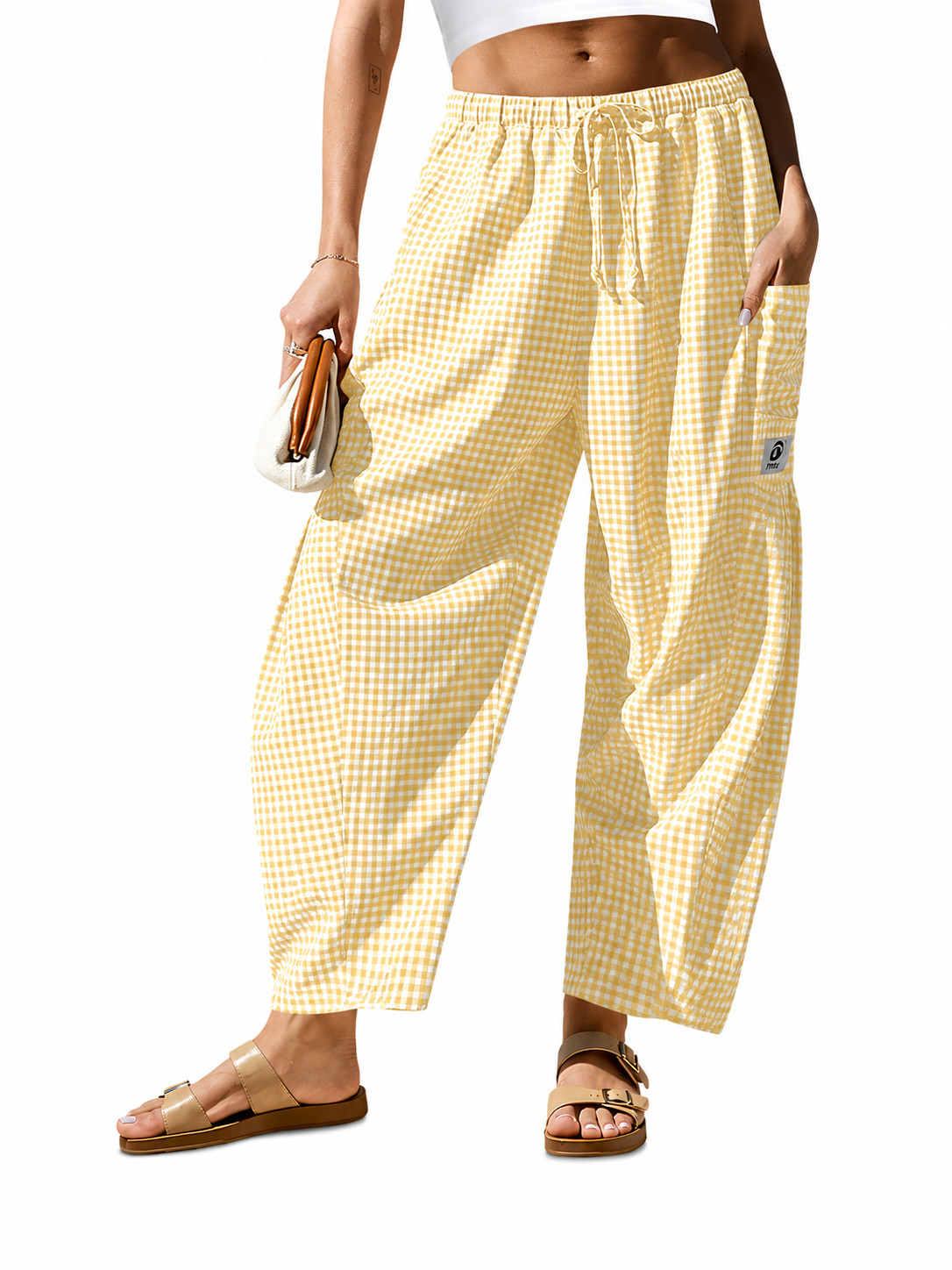 Pantalon large femme à carreaux vichy, coupe ample