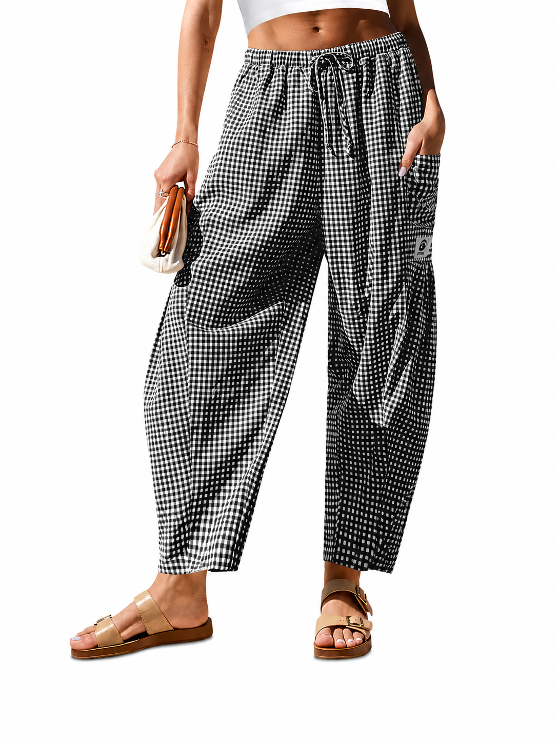 Pantalon large femme à carreaux vichy, coupe ample