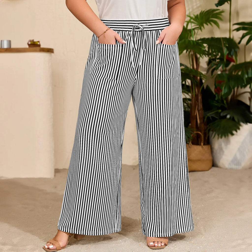 Pantalon large taille haute à rayures