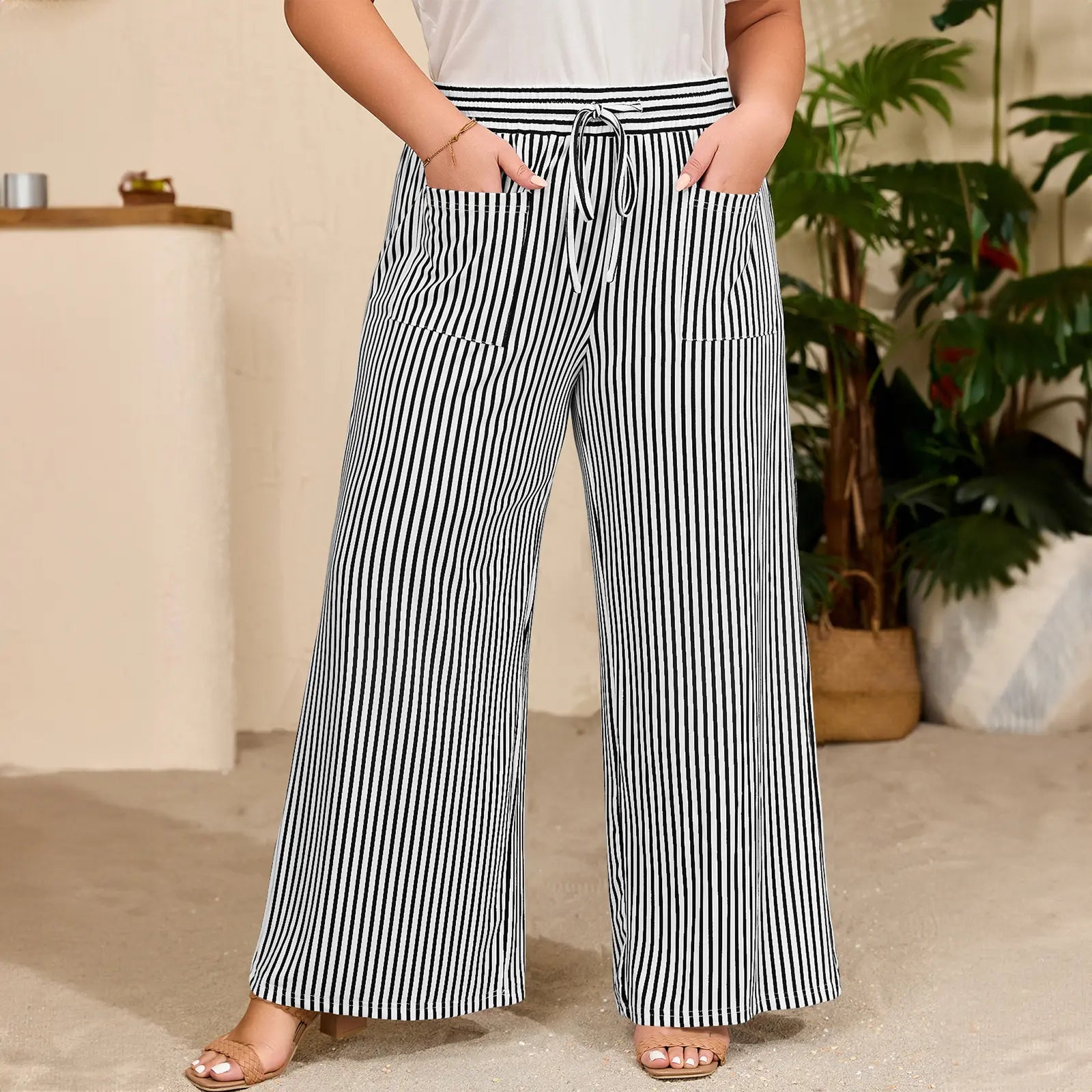Pantalon large taille haute à rayures