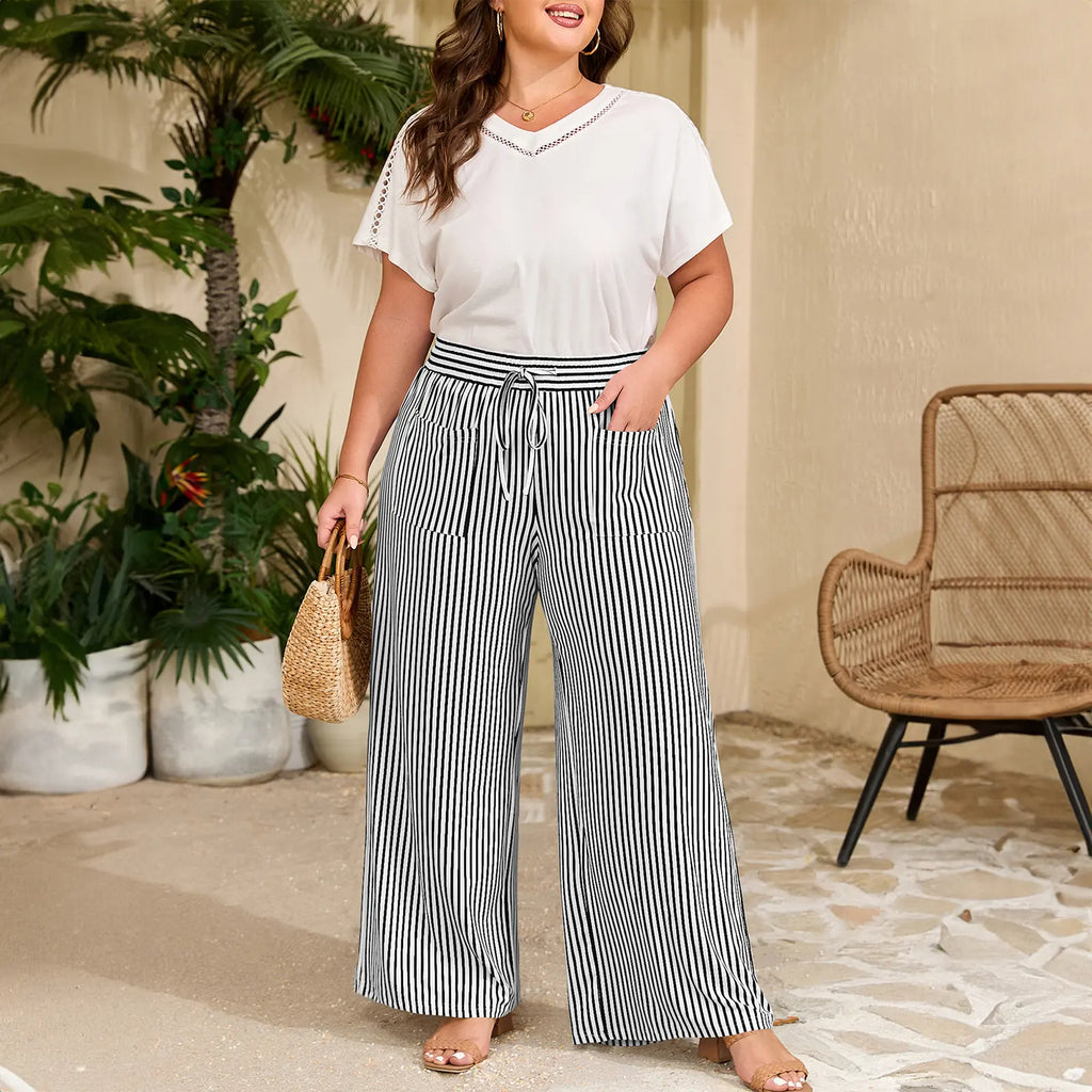 Pantalon large taille haute à rayures