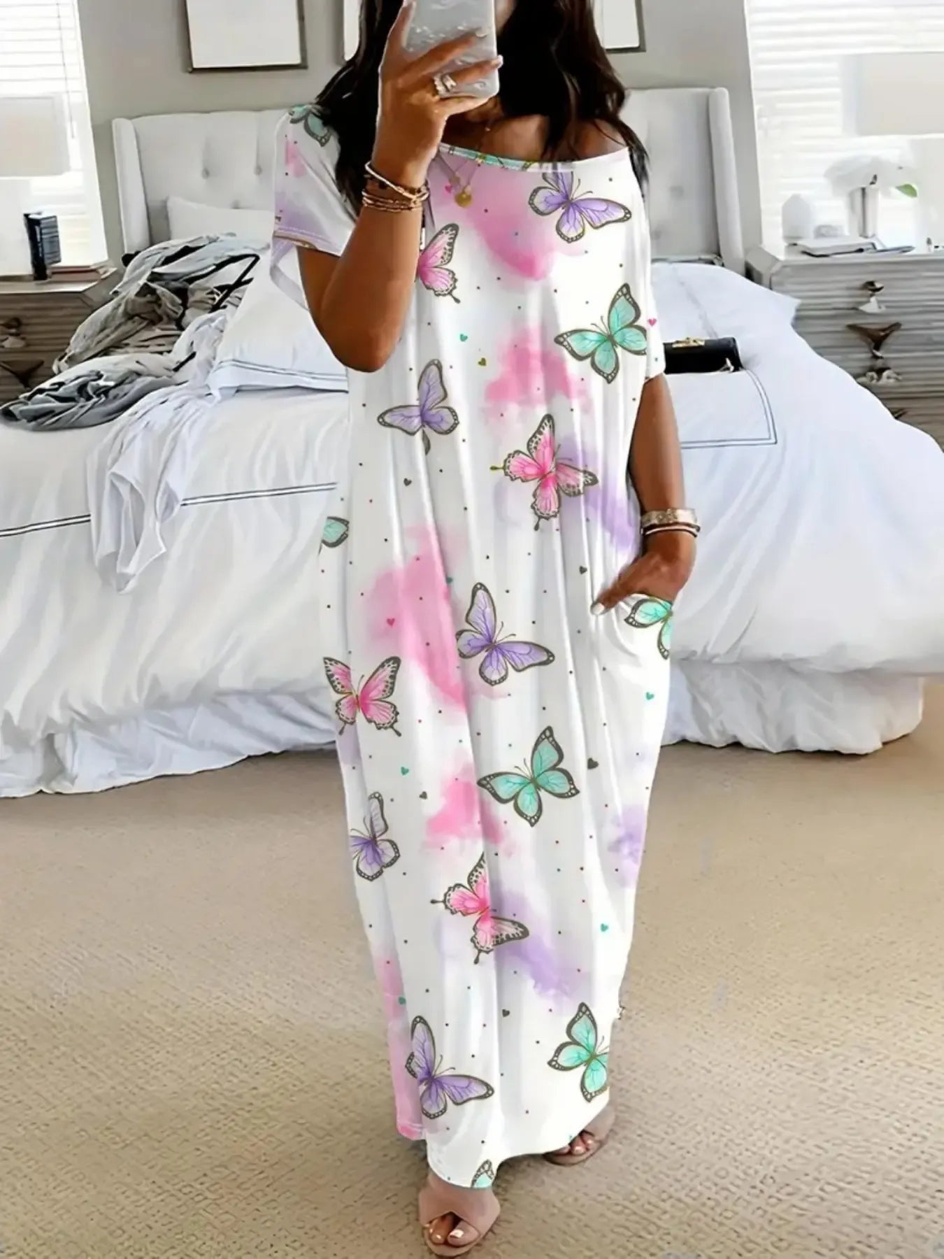 Chemise de nuit tie-dye papillons & cœurs avec poches