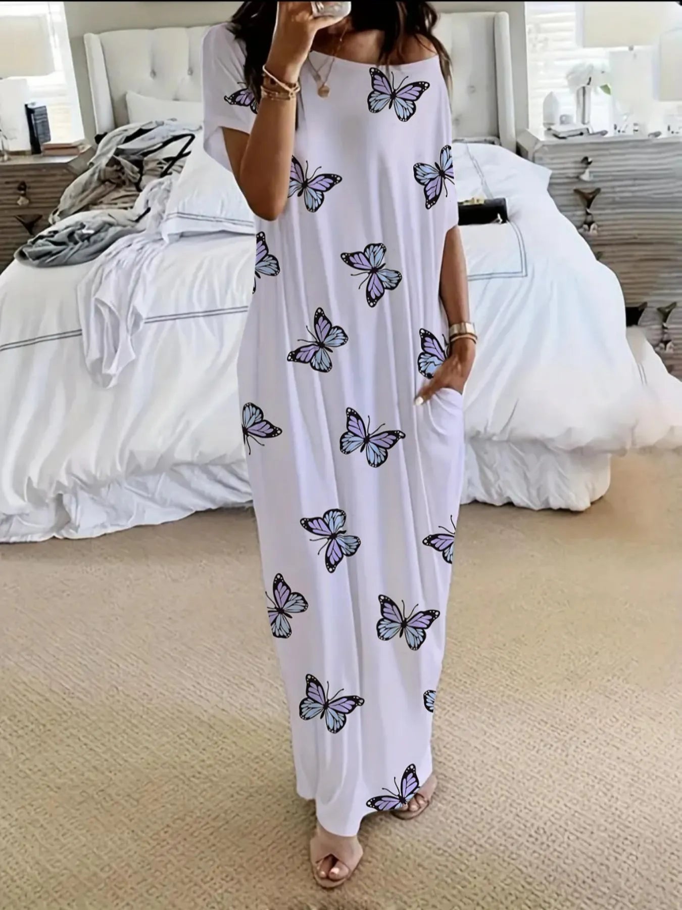 Chemise de nuit tie-dye papillons & cœurs avec poches