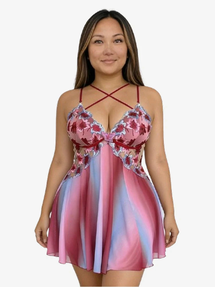 Nuisette babydoll grande taille brodée fleurs