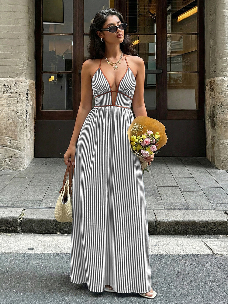 Robe longue femme à rayures et col dos-nu
