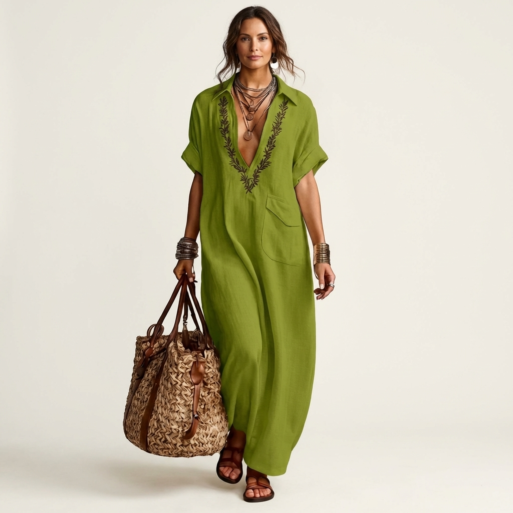 Robe longue brodée en lin Amarina - Maison Flavigny