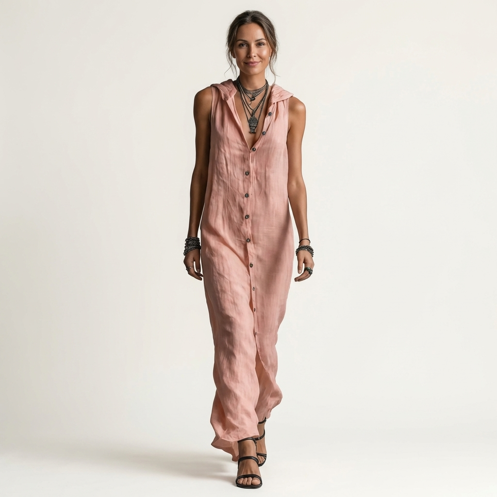 Robe longue boutonnée à capuche sans manches Mirabell - Maison Flavigny