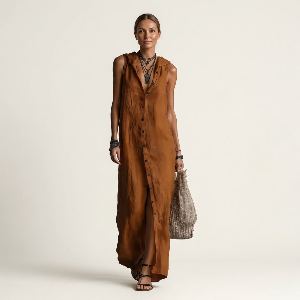 Robe longue boutonnée à capuche sans manches Mirabell - Maison Flavigny
