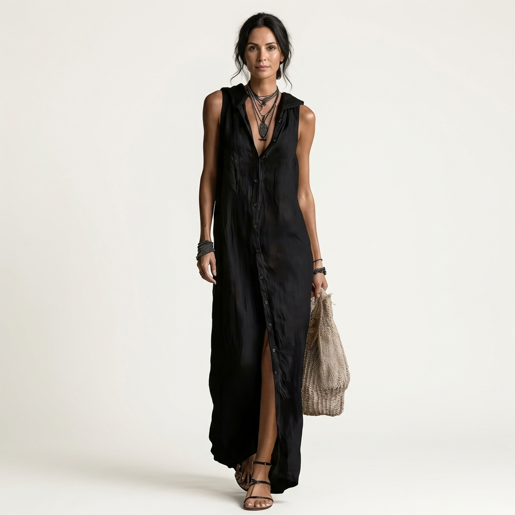 Robe longue boutonnée à capuche sans manches Mirabell - Maison Flavigny