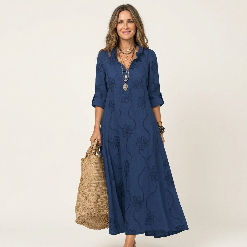 Robe longue fleurie brodée en mélange coton-lin Mariam - Maison Flavigny