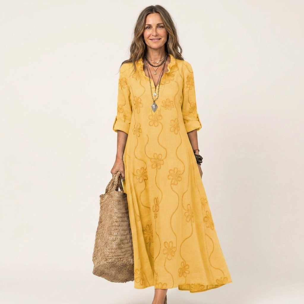 Robe longue fleurie brodée en mélange coton-lin Mariam - Maison Flavigny