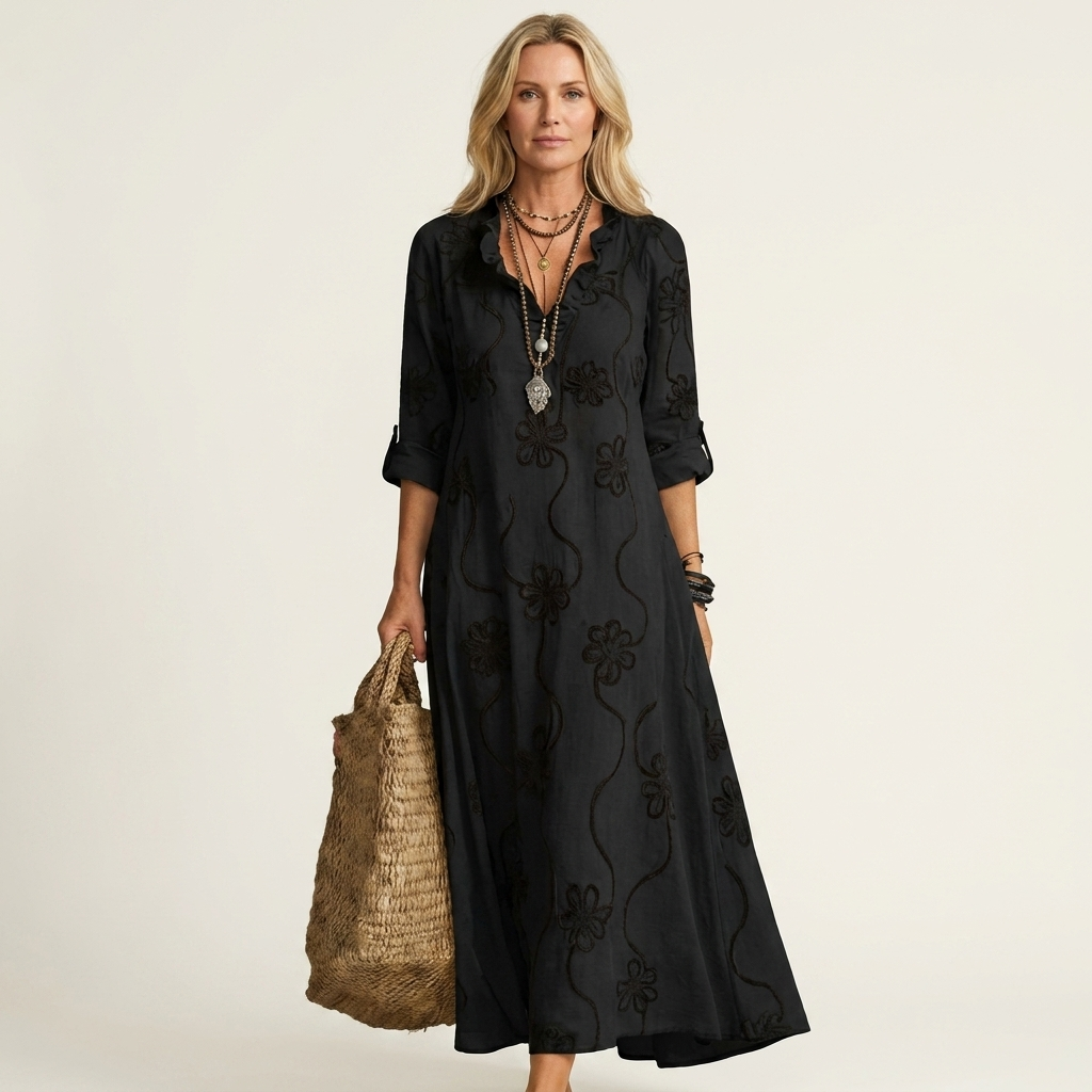 Robe longue fleurie brodée en mélange coton-lin Mariam - Maison Flavigny