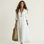 Robe longue fleurie brodée en mélange coton-lin Mariam - Maison Flavigny